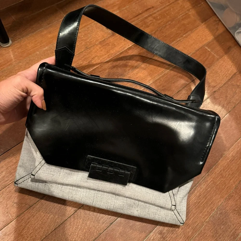 Zac Posen Grey and Patent Leather Black Shoulder Bag